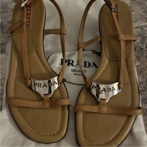 Prada Sandals Kitten Heel Size 37 Strappy Caramel/Camel/Tan with Dust Bag
